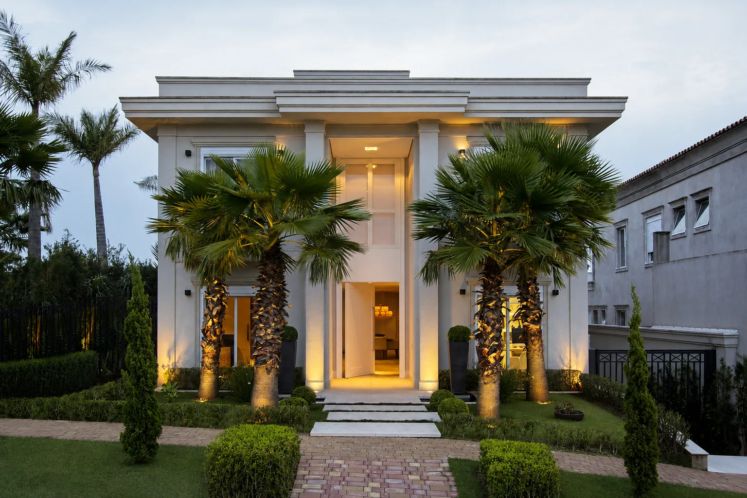 Residência de arquitetura clássica e atemporal, com fachada limpa e simétrica, proporções equilibradas e ambientes internos cuidadosamente planejados para oferecer conforto, funcionalidade e elegância.